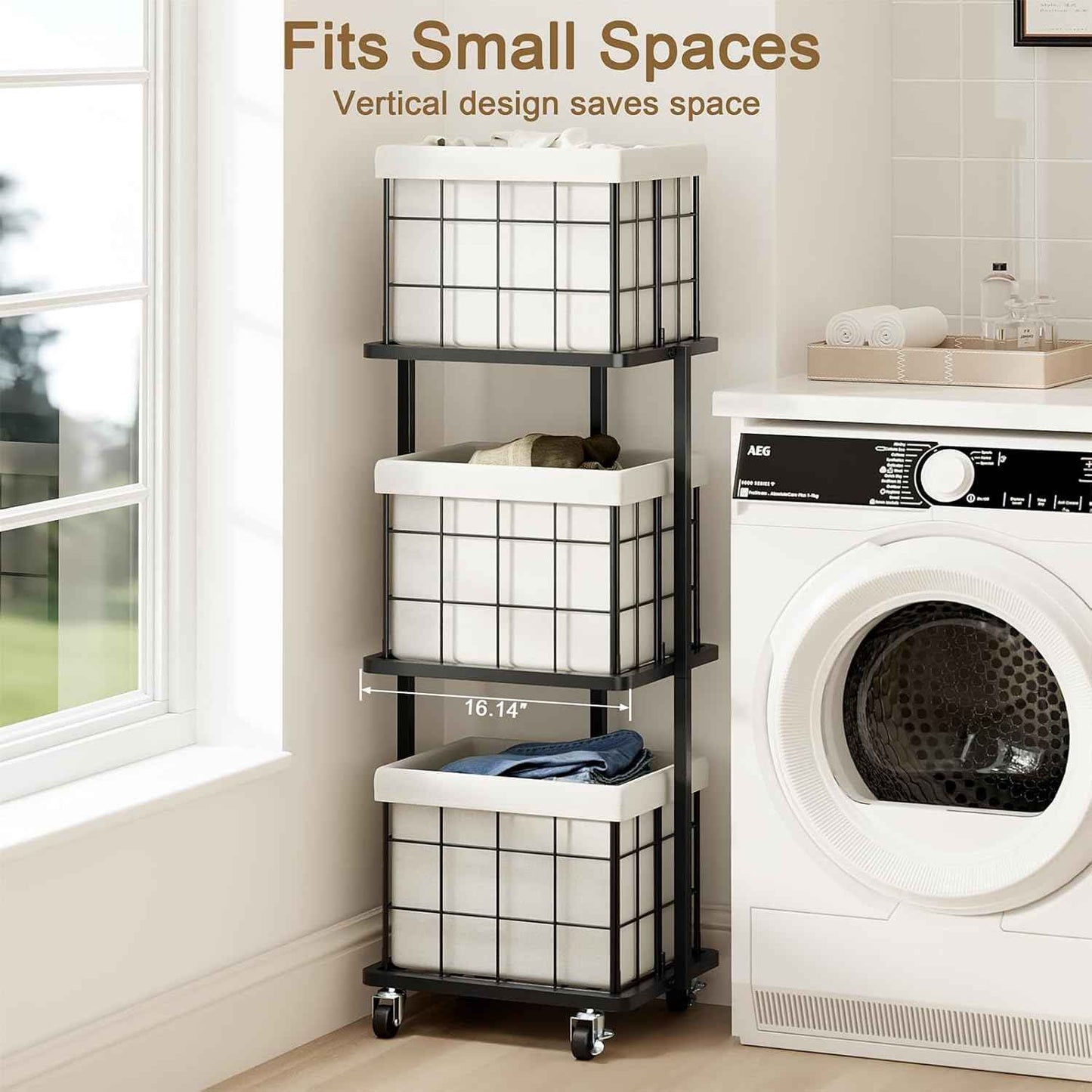 120L Vertical Rolling Laundry Hamper with Removable Bags, 3 Section Laundry Basket with Wheels, Slim Tall 3 Tier Laundry Sorter for Small Spaces, Dorm, Laundry Room, Bathroom, Closet, White