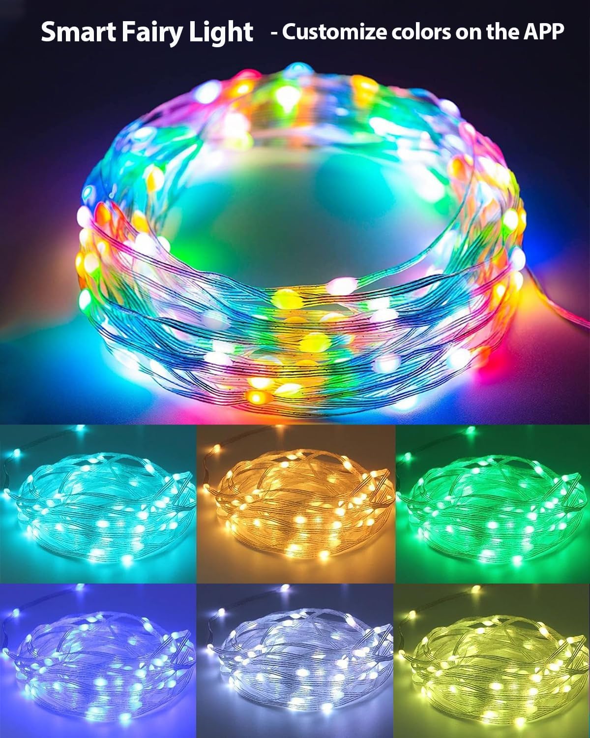 Smart Fairy String Lights, 33Ft DIY Twinkle Lights USB Port, Multicolor Warm White, App/Remote Control, 12 Modes &Music Sync for Bedroom,Party, Halloween, Indoor Christmas Tree Decor