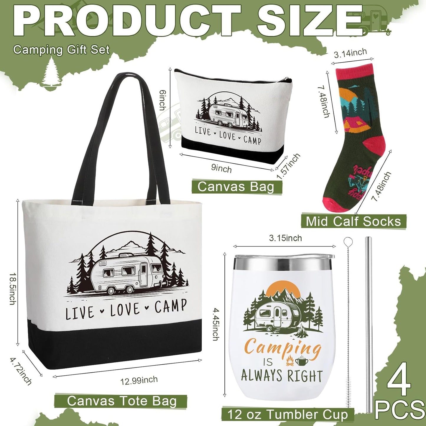 Patelai 4 Pcs Camping Gift Set Canvas Tote Bag 12 oz Stainless Steel Tumblers Socks Travel Makeup Bag Rv Camper Gifts for Women Men Picnics Hiking