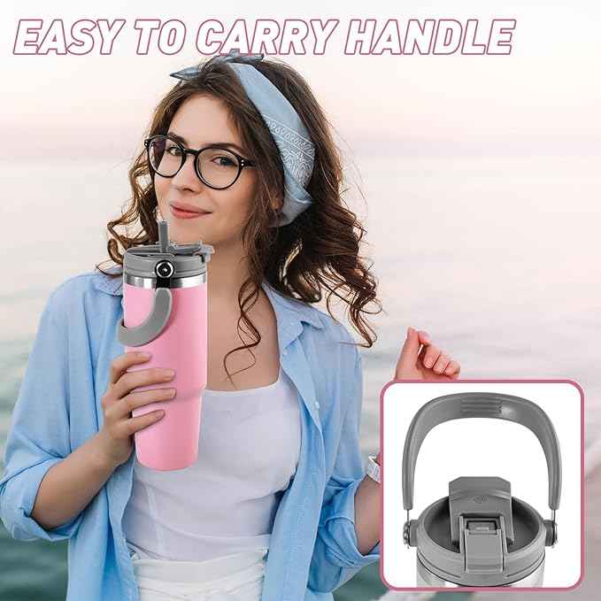 30 oz Tumbler with Handle and Straw Lid, Double Walled Vacuum Insulated Water Bottle Leakproof Tumbler Travel Coffee Mug Thermal Cup, Cupholder Friendly for Office, Home, Sport, Pink