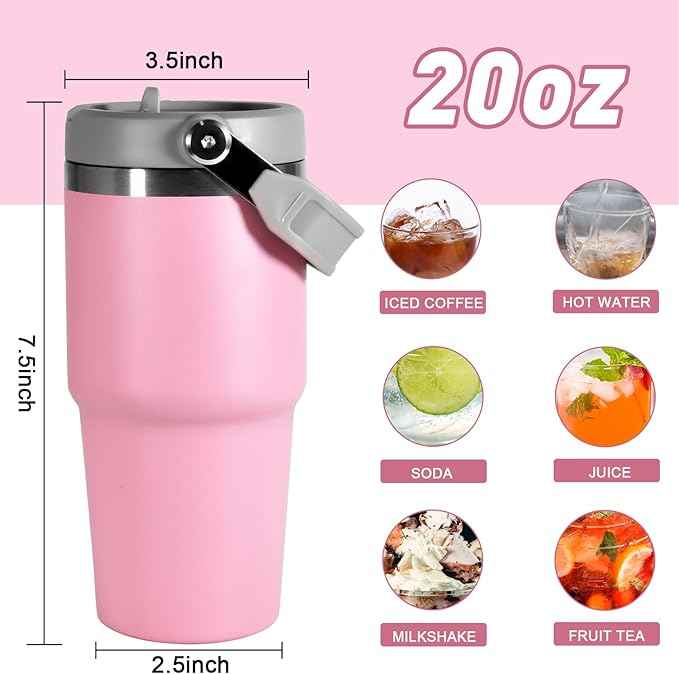 20 oz Tumbler with Handle, Insulated Tumbler with Lid and Flip Straw Leak Proof Double Wall Stainless Steel Vacuum Travel Coffee Mug Insulated Water Bottle Thermal Cup, Cupholder Friendly, Pink