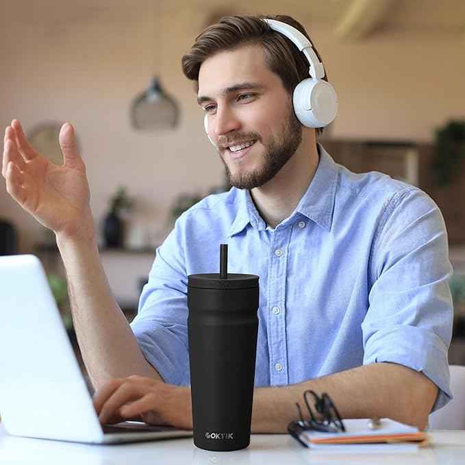 COKTIK 24oz Insulated Tumbler with Lid and Straw Iced Coffee Cup Reusable Stainless Steel Travel Mug Water Bottle Cupholder Friendly for Women Men Her Him (Black)