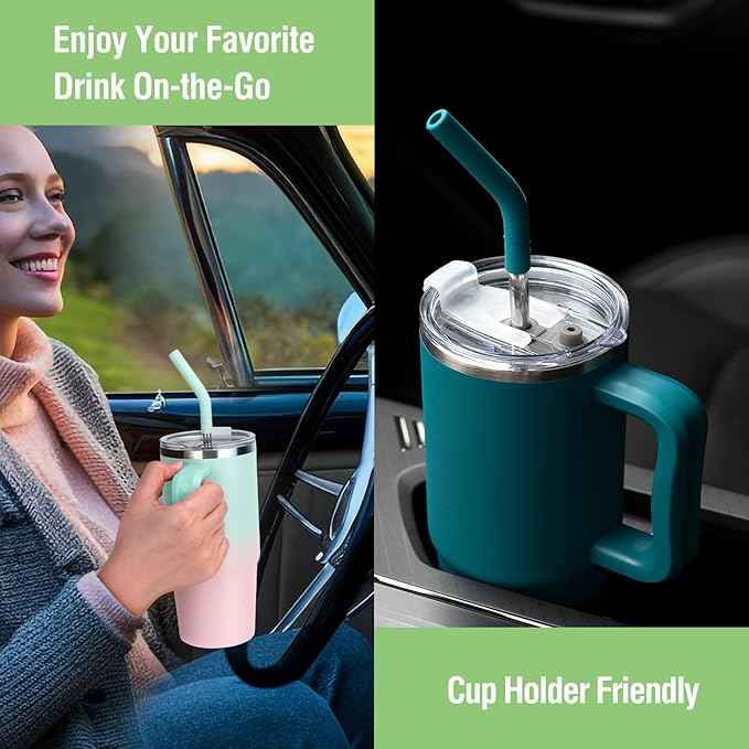 Zukro 24 oz Ceramic Lined Tumbler with Handle and Straw, No Metal Taste, Insulated Stainless Steel Coffee Mug with Spill Proof Lids for Home/Office, No Sweat, Keep Drinks Hot or Cold, Black