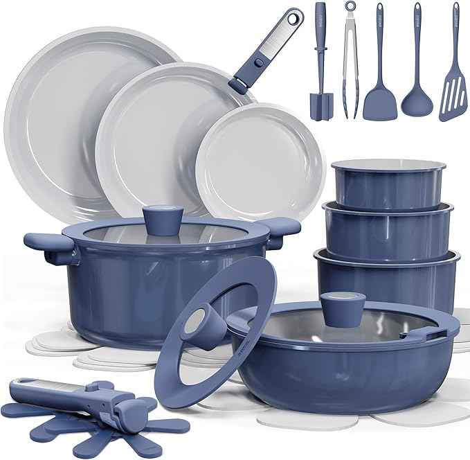 CAROTE 27pcs Ceramic Cookware Set Nonstick, Pots and Pans Set Non Stick, Non Toxic Cookware Detachable Handles, Dishwasher/Oven Safe, RV/Camping Cookware with Kitchen Utensils, Mothers Day Gifts
