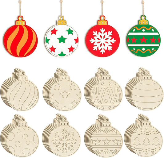 80PCS Wooden Christmas Ornaments to Paint, 8 Styles DIY Blank Unfinished Wood Christmas Ball Christmas Decoration Cutouts Ornament for Crafts Winter Hanging Decorations