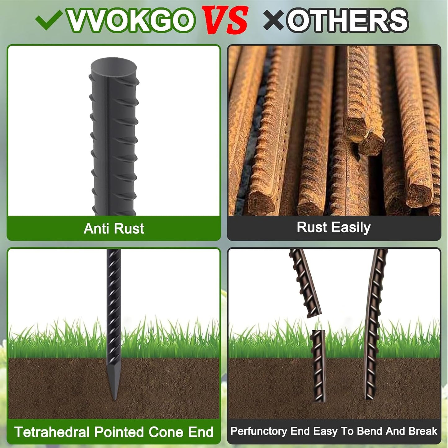 VVOKGO Rebar Stakes 16 Inches Ground Concrete Form Stakes (12pcs), Straight Metal Spikes Heavy Duty with Chisel Point End, 5/16" Diameter Steel Anchors for Fence, Concrete Timber, Garden Plants, Black