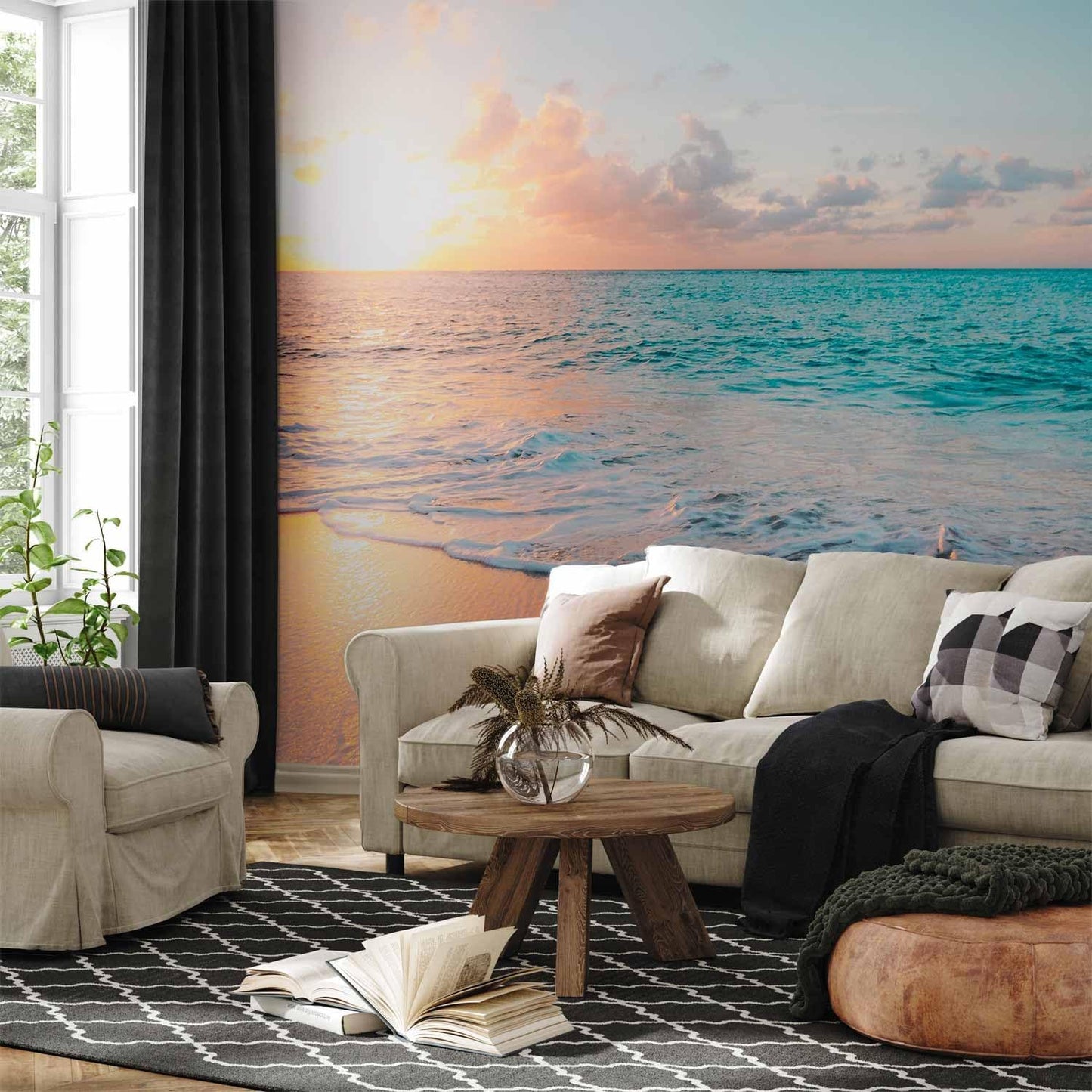 artgeist Wall Mural Peel and Stick Nature 212x98 in - XXL Self-Adhesive Corner Wallpaper Removable Large Sticker Foil Angle Wallpaper Beach Waves Sunset Island Clouds c-B-10180-a-a