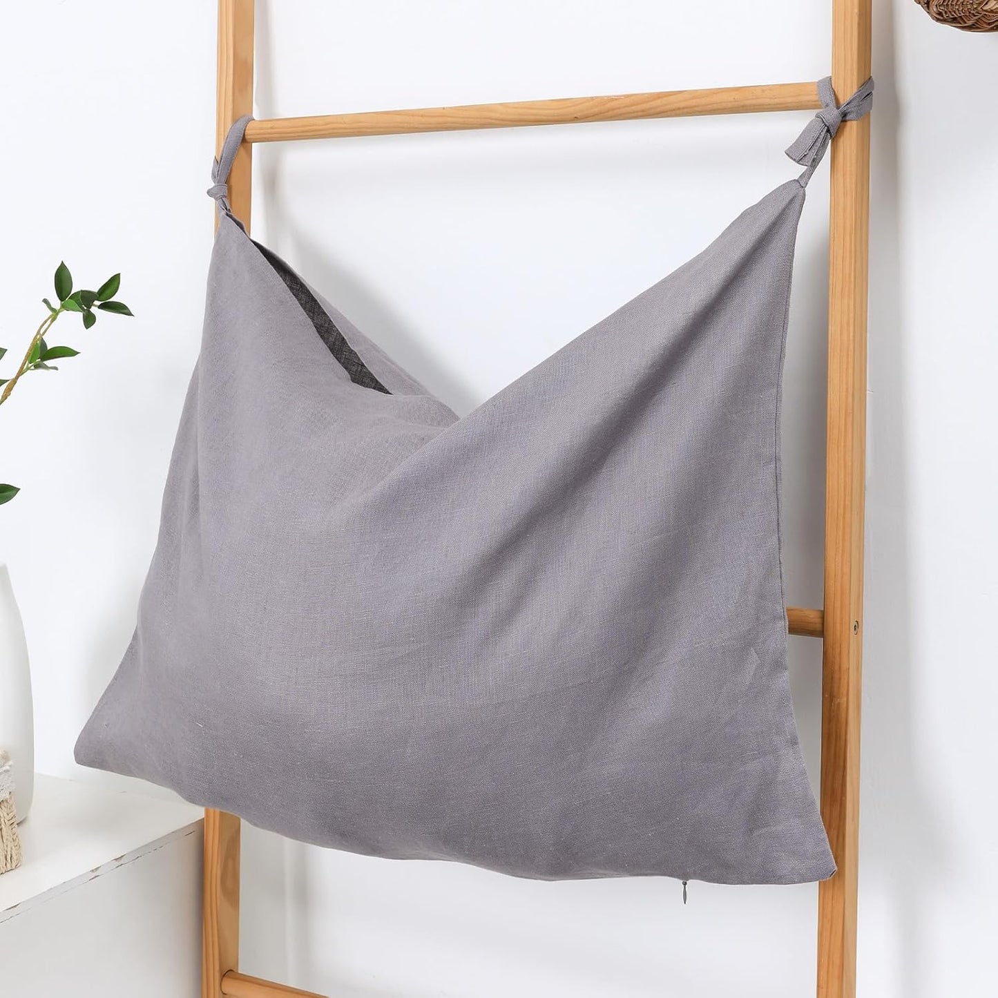 Hanging Linen Laundry Bag, 100% Pure Flax Linen Over The Door Hamper with Bottom Zipper for Laundry Room, Household Dirty Cloth Storage Organizer Bag, Gray