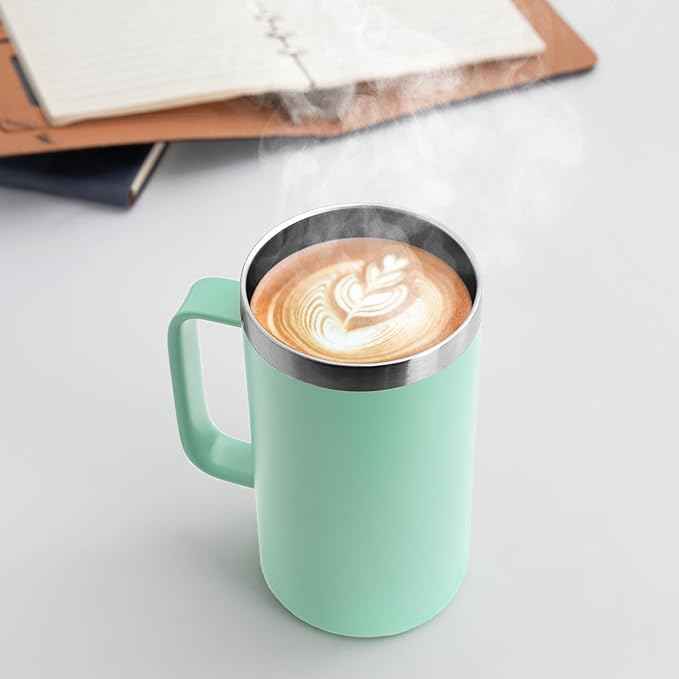 DOMICARE 24oz Mug with Handle and Lid, Stainless Steel Coffee Mug, Reusable Insulated Cup, Travel Mug with Handle, Double Wall Vacuum Coffee Tumbler for Men and Women, Mint Green, Pack 1