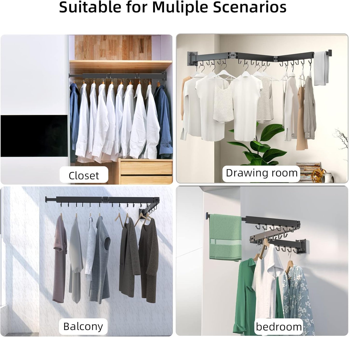 Foldable Clothes Drying Rack, 2 Fold Laundry Drying Rack Wall Mount, [No Drilling] Folding & Durable Space Saver for Laundry, Balcony, Bathroom, Patio, Dormitory, Apartment-White