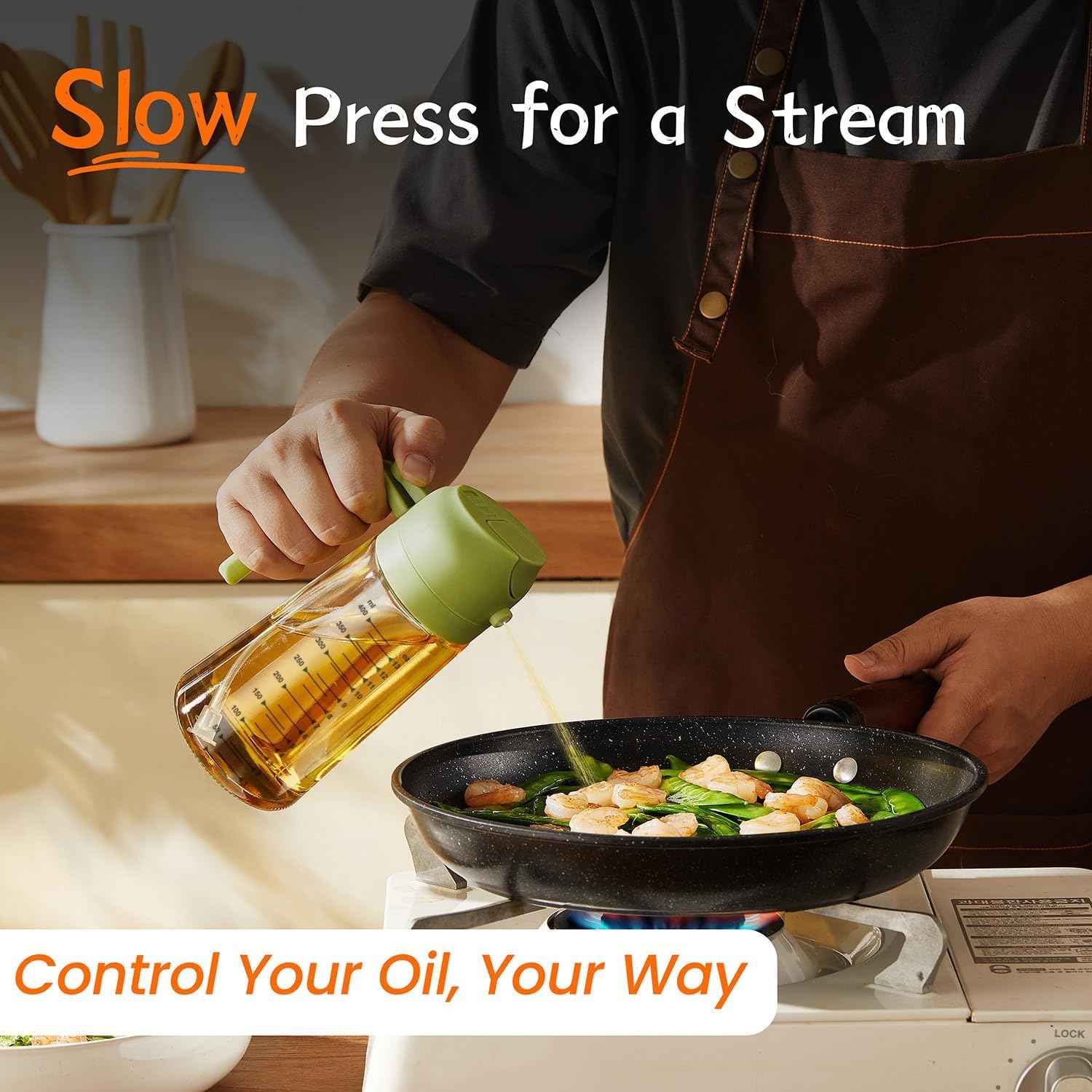 TrendPlain 16oz/470ml Glass Olive Oil Sprayer for Cooking – 2 in 1 Olive Oil Dispenser Bottle for Kitchen Gadgets and Air Fryer Accessories, Salad, BBQ - Black & Green
