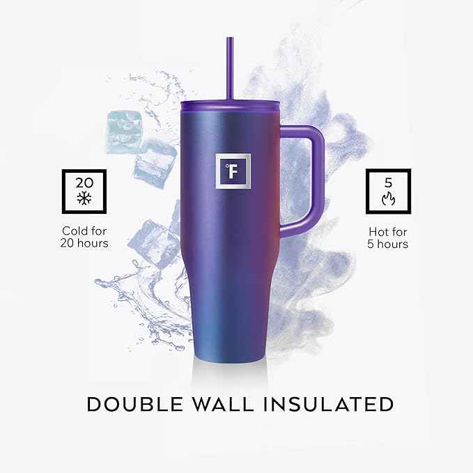 IRON °FLASK Co-Pilot Insulated Mug w/Straw & Flip Cap Lids - Cup Holder Bottle for Hot, Cold Drink - Leak-Proof- Water, Coffee Portable Travel Tumbler - Clementine, 40 Oz