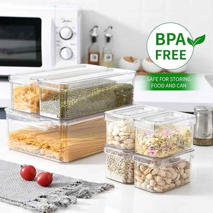 Pure Future 10-Pack Clear Fridge Organizer Containers with Lids, Stackable BPA-Free Refrigerator & Produce Storage Containers with Drain Tray & Anti-Slip Base for Fruits, Veggies & Drinks