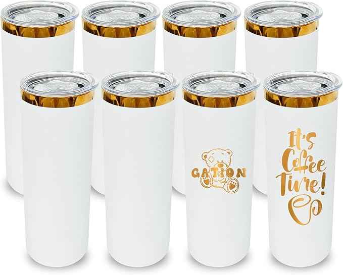 20 oz Skinny Tumblers Stainless Steel Tumbler with Lid and Straw Double Wall Vacuum Insulated Coffee Mug 20oz Powder Coated Cup for Hot and Cold Drinks(White,8 pack)