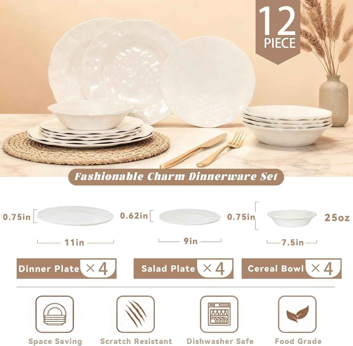 12-Piece Melamine Plastic Dinnerware Set - Large Plates and Bowls with Scalloped Edge and Textured Surface for 4 - Dishwasher Safe, Non-Breakable, Perfect for Family Meals and Parties - White