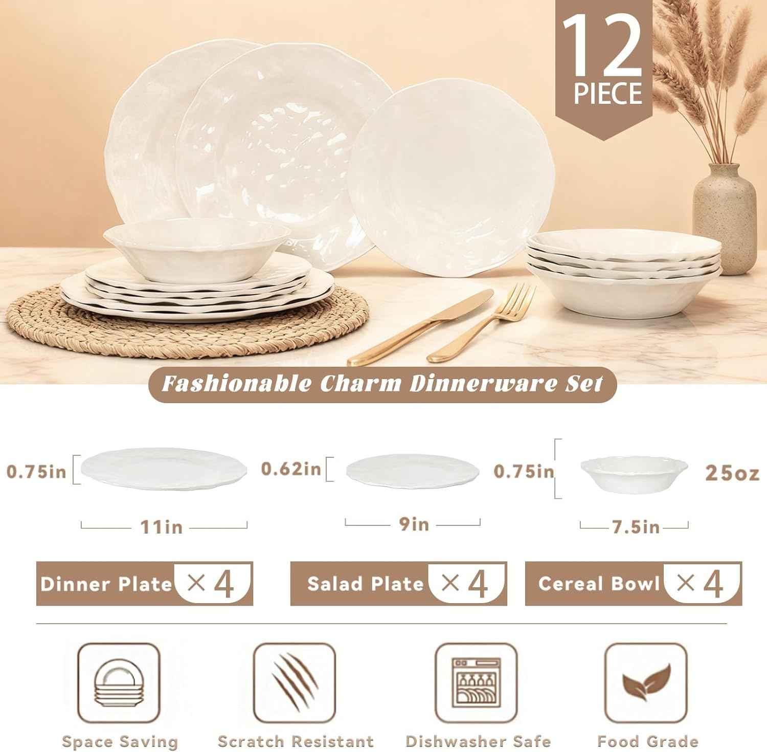 12-Piece Melamine Plastic Dinnerware Set - Large Plates and Bowls with Scalloped Edge and Textured Surface for 4 - Dishwasher Safe, Non-Breakable, Perfect for Family Meals and Parties - White