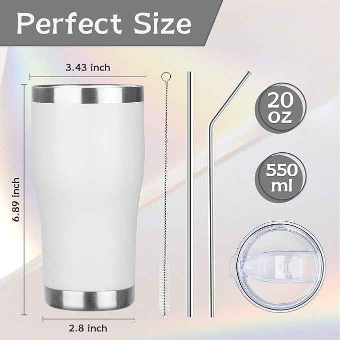 MEZMUT 20oz Coffee Tumbler with Lid and Straw Double Wall Vacuum Insulated Cup Stainless Steel Travel Mugs Insulated for Hot Cold Leakproof Powder Coated Tumbler for Indoor Outdoor(White, 6)