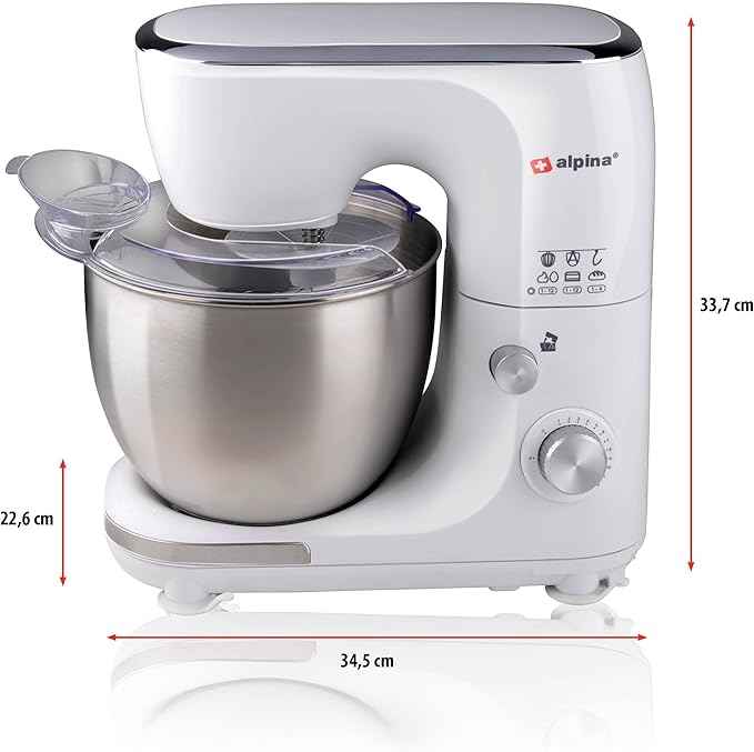alpina Kitchen Processor, Electric Mixer, Food Mixer, 3 Accessories, Stainless Steel Bowl, Bowl Lighting, Knead, Mixing, Whisk, White