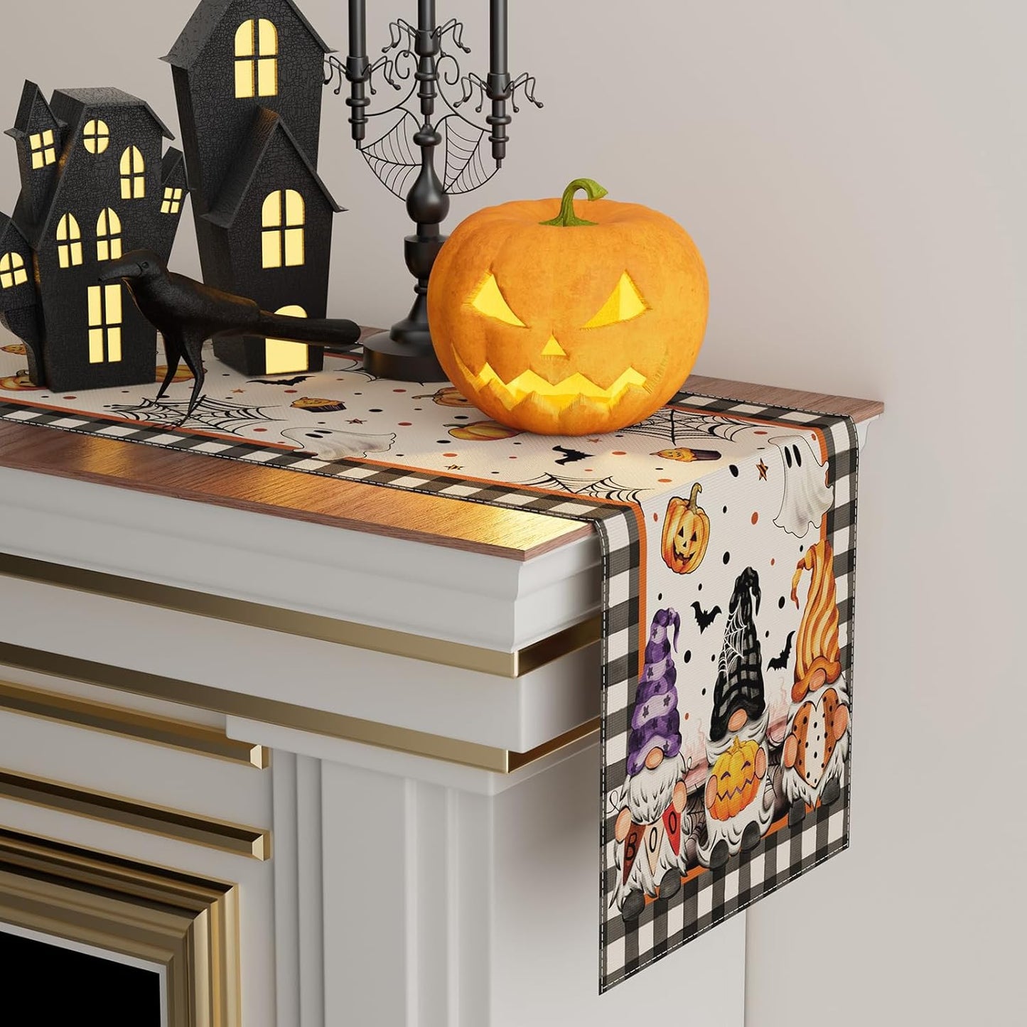 XCHI Spooky Boo Plaid Gnome Halloween Table Runner Party Table Decoration for Home Kitchen Dining Holiday Decor 13x120 Inch