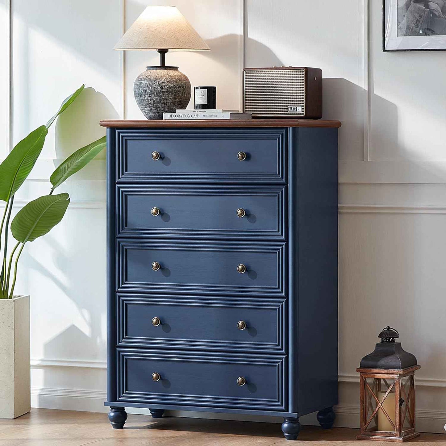 Farmhouse 5 Drawers Dresser for Bedroom, Wood 45" Tall Chest of Drawers, Dresser Rustic Storage Dressers Organizer with Metal Handle Closet for Living Room, Hallway Entryway