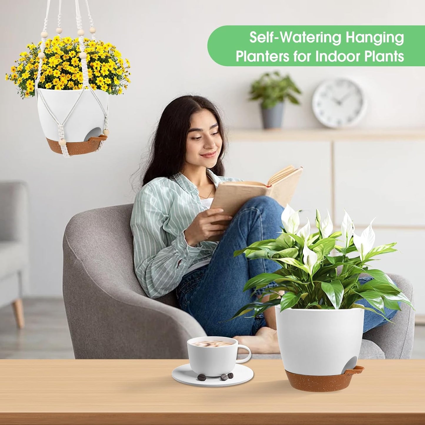 Hanging Planters for Indoor Outdoor Plants, 2 Pack Self Watering Hanging Pots, Hanging Plant Baskets with Drainage Holes & 2 Types of Plant Hangers (Green, 6'')