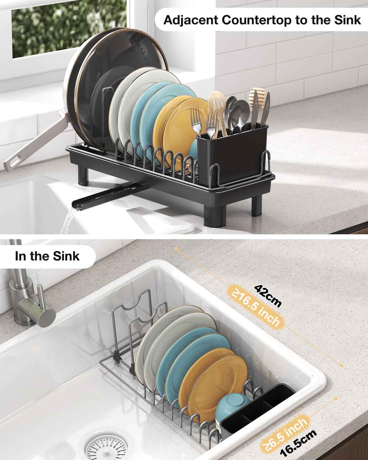 Small Dish Drying Rack Carbon Steel Dish Rack Rustproof for Kitchen Counter Compact Dish Drainer with Adjustable Slots for Small Kitchens & Apartments 16.5×6.5×7inch Black