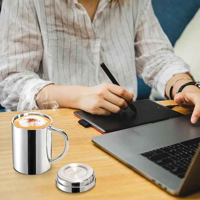 Yesland 2 Pack 13.5 oz (400ml) Stainless Steel Double-Walled Metal Mugs - Perfect Size for Coffee & Tea, Insulated Cup with Lid and Handle, Thermal Camping Mugs for Hot and Cold Drinks