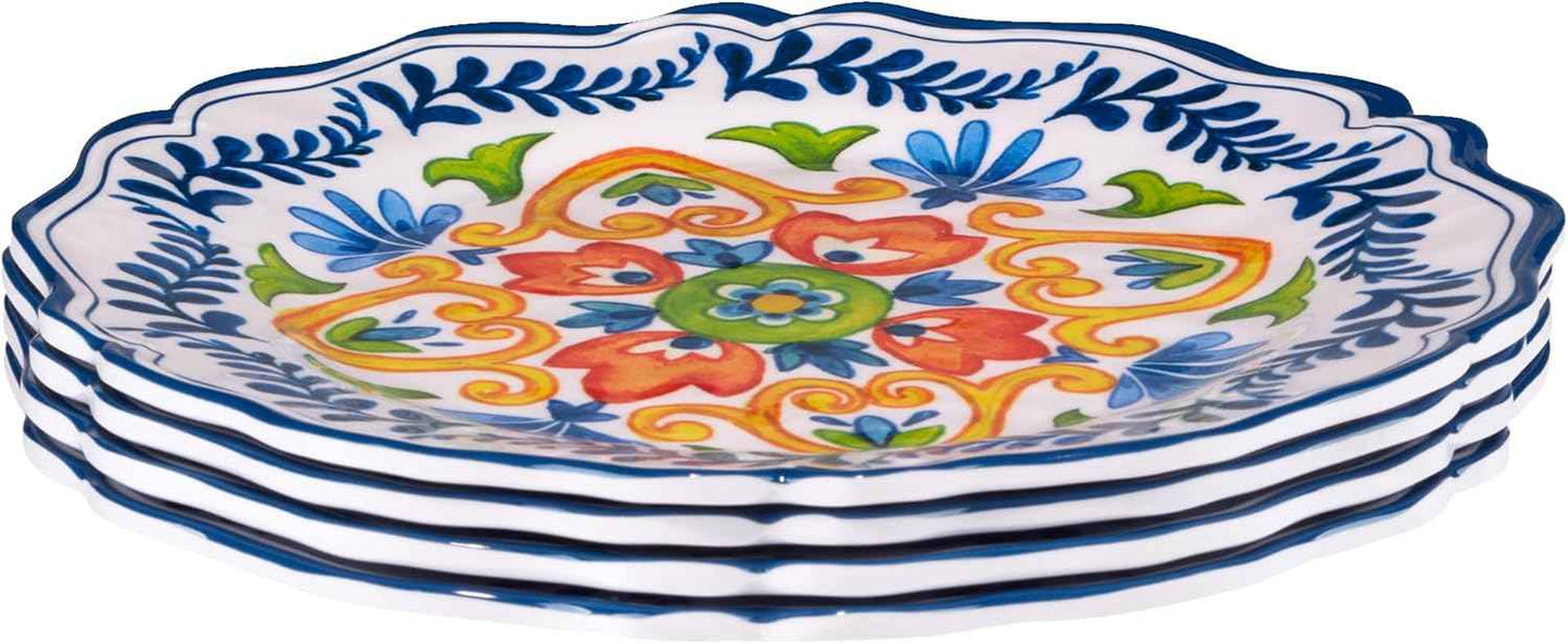 Flores Melamine Dinner Plates, Set of 4 – Colorful Outdoor Dinnerware, Break-Resistant & Dishwasher Safe, Great for Patio, RV, and Everyday Dining