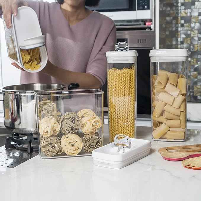 Felli Flip Tite TALL Storage Container with Lid 4" Air Tight Easy Open Ring Top, Clear Acrylic Skinny Canister Jar for Spaghetti Lasagna Fettuccine Noodle, Kitchen Cupboard Pantry Organizer (2.0 qt)