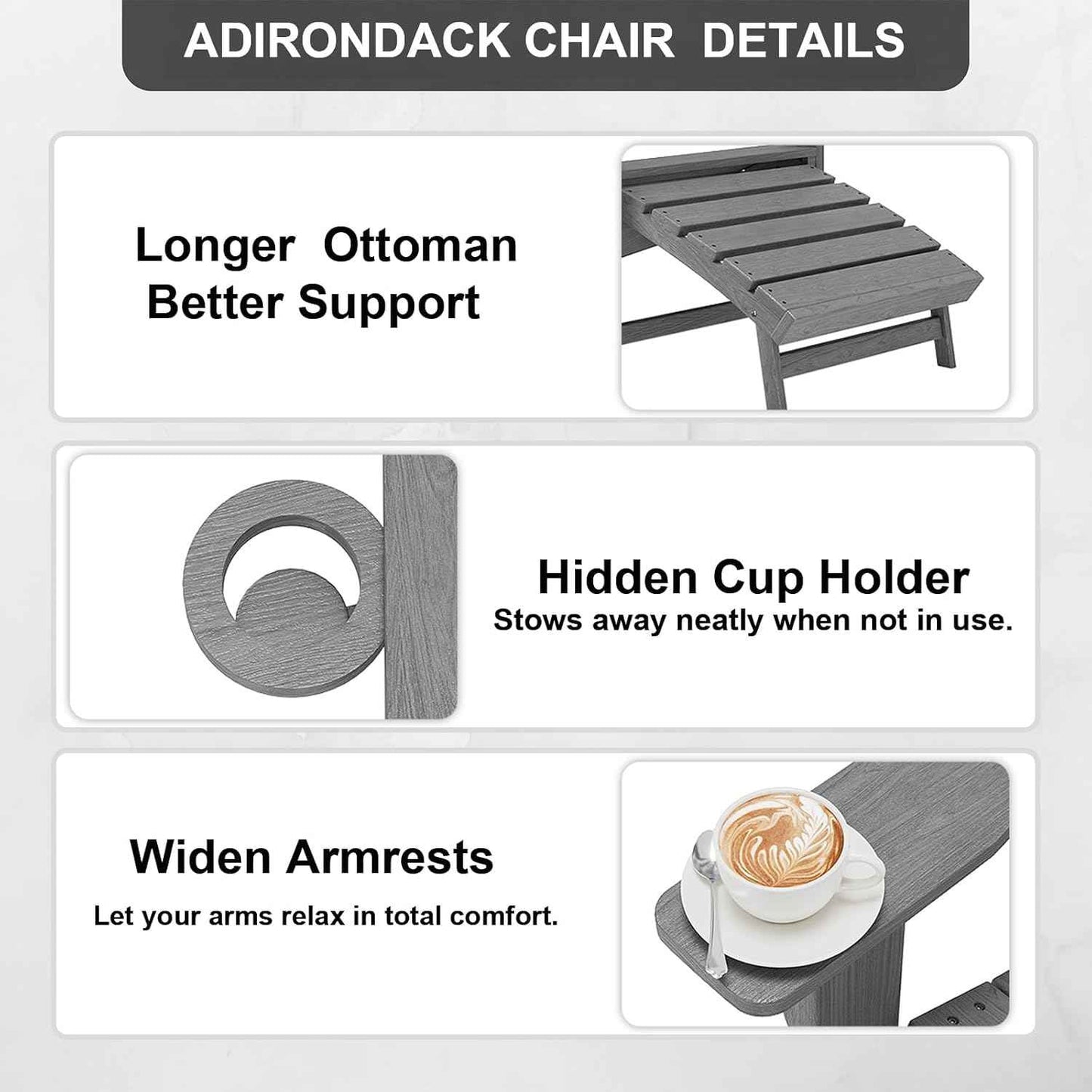 Folding Adirondack Chair with Retractable Ottoman,HDPE Outdoor Adirondack Chair with Cup Holder,All-Weather Lounge Chairs for Outside,Patio,Pool,Fire Pit,Grey