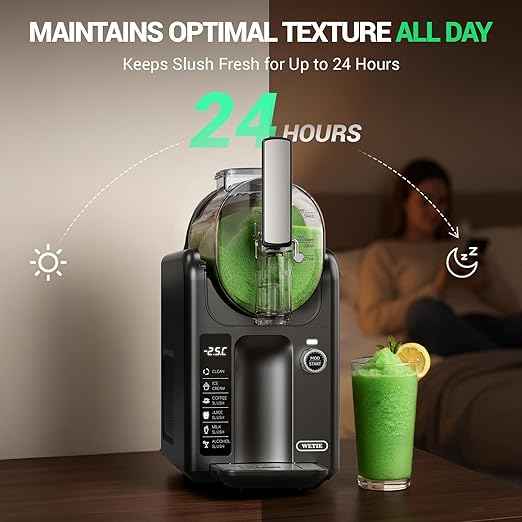 WETIE Slushie Machine, 82oz Slushy Maker with Adjustable Temperature, LED Display, Auto-Clean, 5-in-1 Frozen Drink Maker for Ice Cream, Frappés, Milkshake, Frozen Margaritas, 24H Running for Home