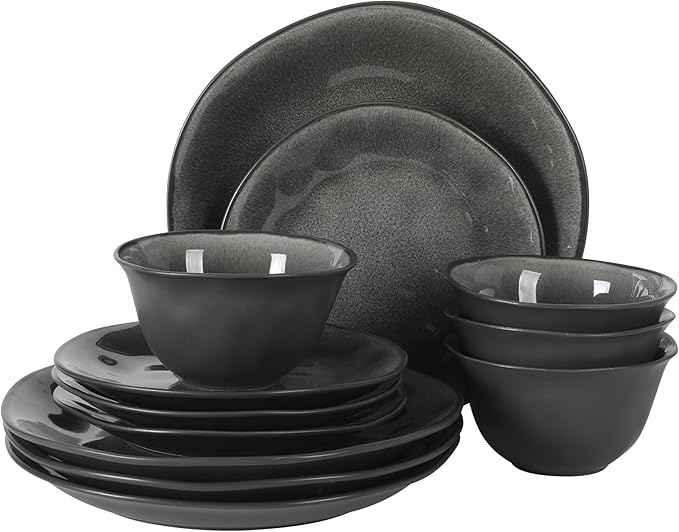 Gibson Elite Port Barton Plates and Bowls Sets, 12-Piece Stoneware Dinnerware Sets, Reactive Glaze Dish Set - Black