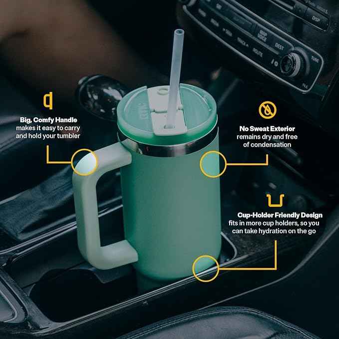 RTIC 40 oz Road Trip Tumbler Double-Walled Cermaic Lined Insulated Stainless Steel Portable Travel Coffee Mug Cup with Lid, Handle and Straw, Snowy Peak