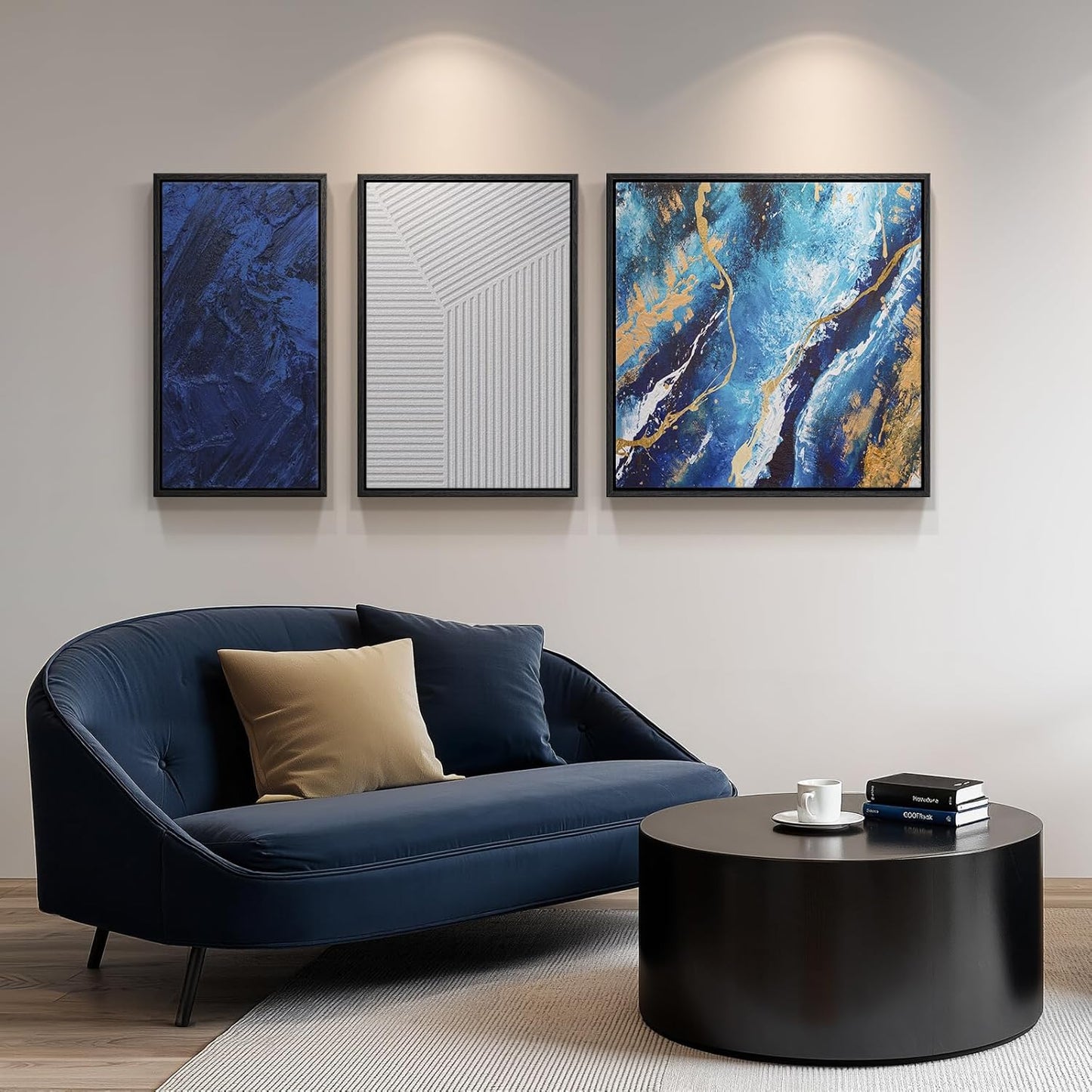 Framed Blue Abstract Wall Art Set, 3-Piece Blue White Gold Canvas Prints Paintings Artwork for Walls, Modern Abstract Pictures for Living Room, Dining Room, Bedroom, Home Office Wall Decor