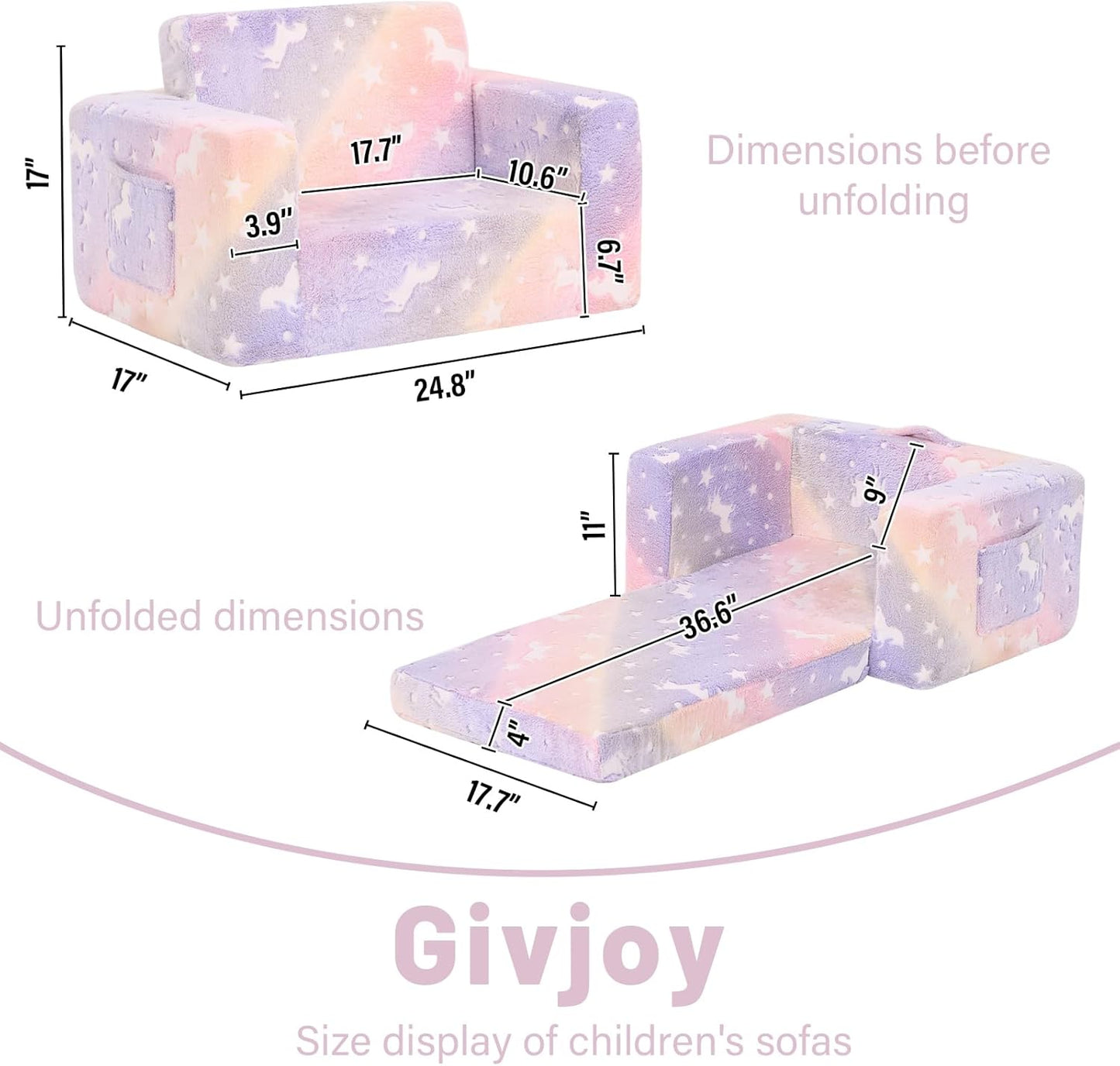 Toddler Chair Kids Couch, 2-in-1 Toddler Soft Sherpa Couch Fold Out Armchair with Removable Cover, Convertible Reading Chair Toddler Sofa for Kids, Glow in The Dark Purple Horse