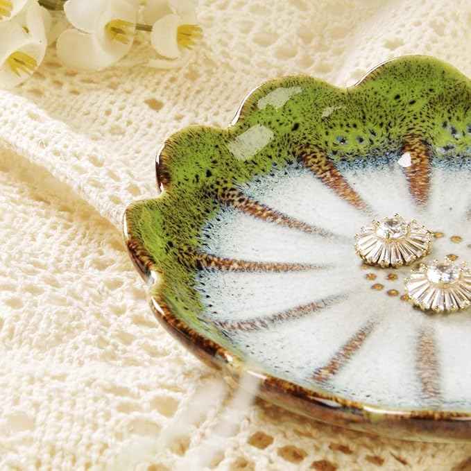 Lotus Ring Holder Dish Small Indoor Ash Tray, Ceramic Dessert Plate Trinket Jewelry Holder Organizing Necklace Earrings for Parents Friends Sister, All Jewelries Are NOT Included. Grass Green.