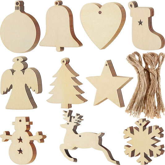 Blulu 100 Pieces Christmas Wooden Ornaments Star Round Wood Slices Wood Snowflake Angel Shape Christmas Tree Hanging Embellishments with 100 Pieces Cords (Style 1)