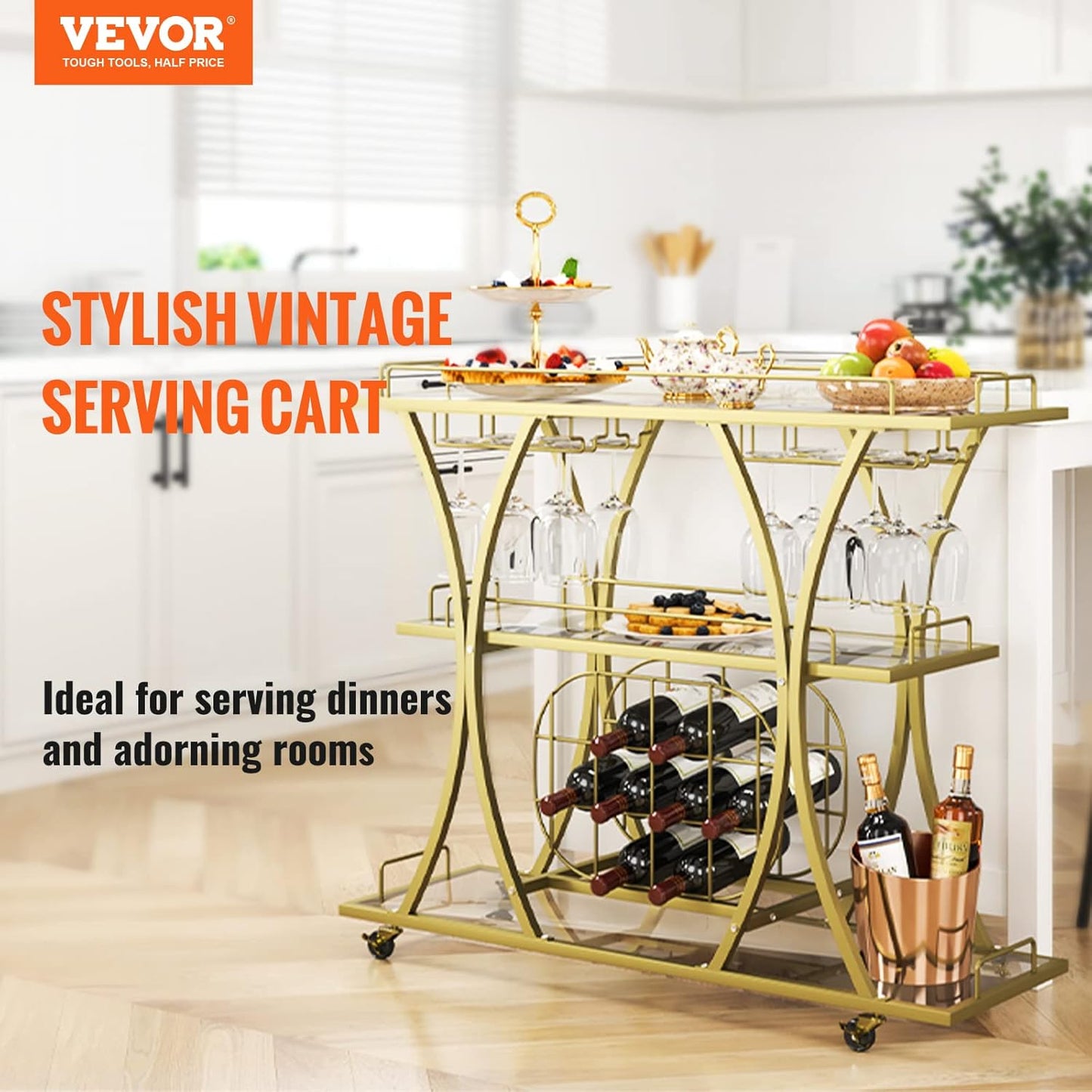 VEVOR Bar Cart Gold, 3 Tiers Home Bar Serving Cart on Lockable Wheels, Rolling Alcohol Cart with Tempered Glass Shelves Guardrail Wine Rack, Modern Wine Cart for Home Kitchen Dining and Living Room