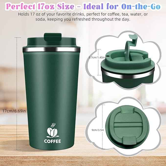 17oz Insulated Travel Coffee Mug with Flip Lid – Leakproof Stainless Steel Insulated Coffee Tumblers, Reuable Coffee Cup for Hot & Cold Drinks, Perfect for Camping & On-the-Go