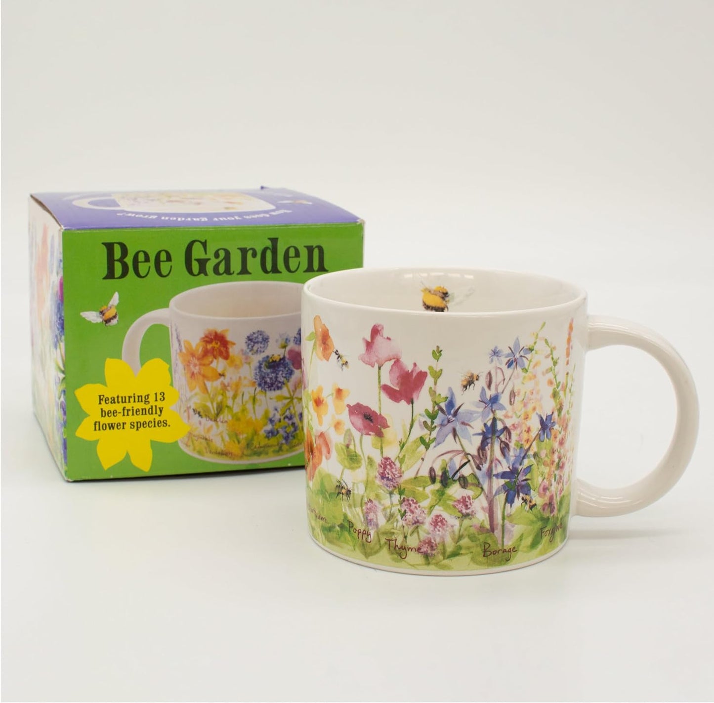 The Unemployed Philosophers Guild Bee Garden Coffee Mug - Features Beautiful Watercolor Flowers and Buzzing Bees - Comes In A Fun Gift Box, 14 oz