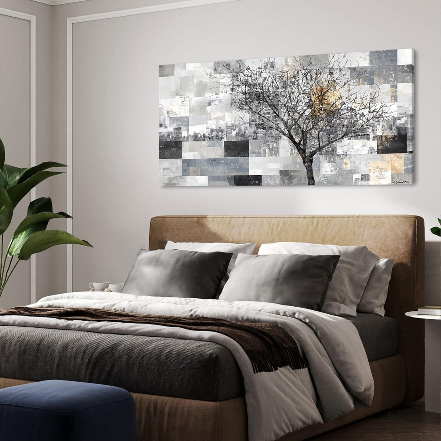 LASMOND Modern Abstract Tree Wall Art for Living Room Black and White Canvas Painting Wall Art Large Nature Landscape Artwork Bedroom Office Home Decor (40x20 Inches)