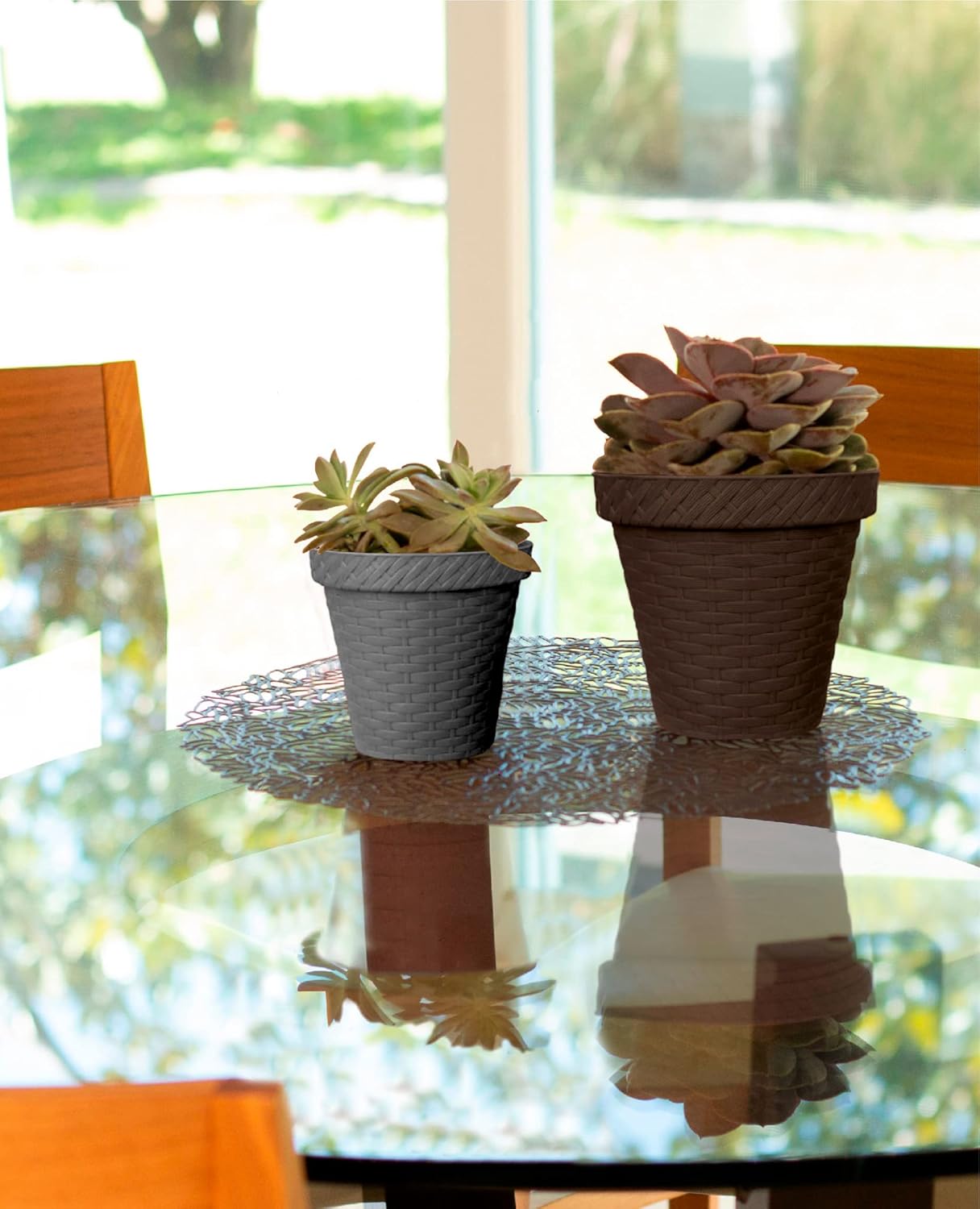 Elly Décor Set of 2 10 inch Round Saucer Modern Self Watering Planter Plates, Pots with Rattan-Like Finish, 10x10 Onix Gray