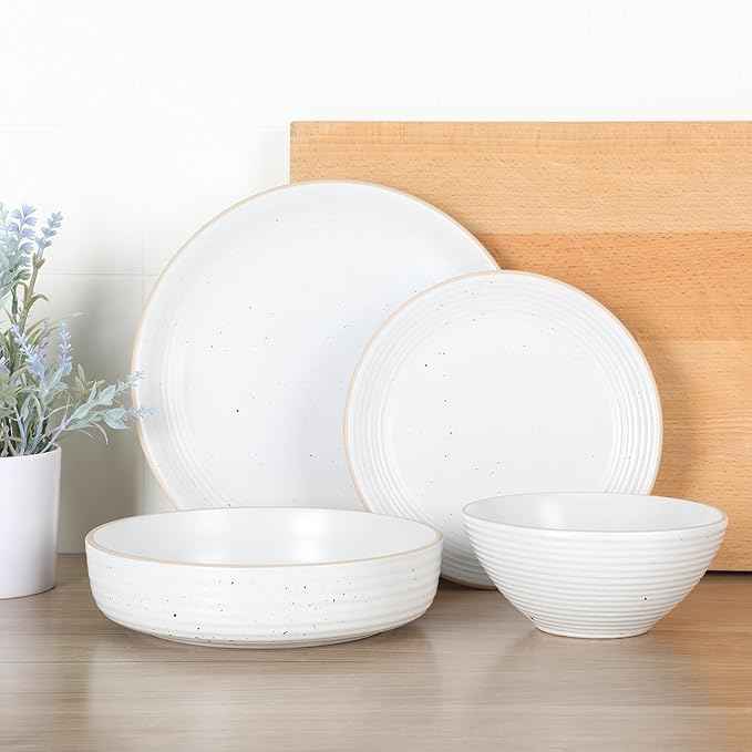 Gibson Home Dinah 16-Piece Matte White Stoneware Dinnerware Set – Double Bowl, Embossed Speckled Design, Durable Kitchen Dinnerware