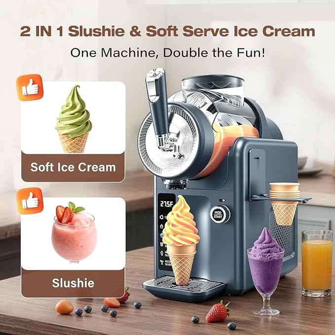 SYINTAO Slushie Machine No Ice Needed, 2-in-1 Frozen Drink & Soft Serve Ice Cream Maker, 75oz Self-Chilling Slushy Maker with 5 Presets, LED Display & Auto Clean for Home & Party (Blue-gray)