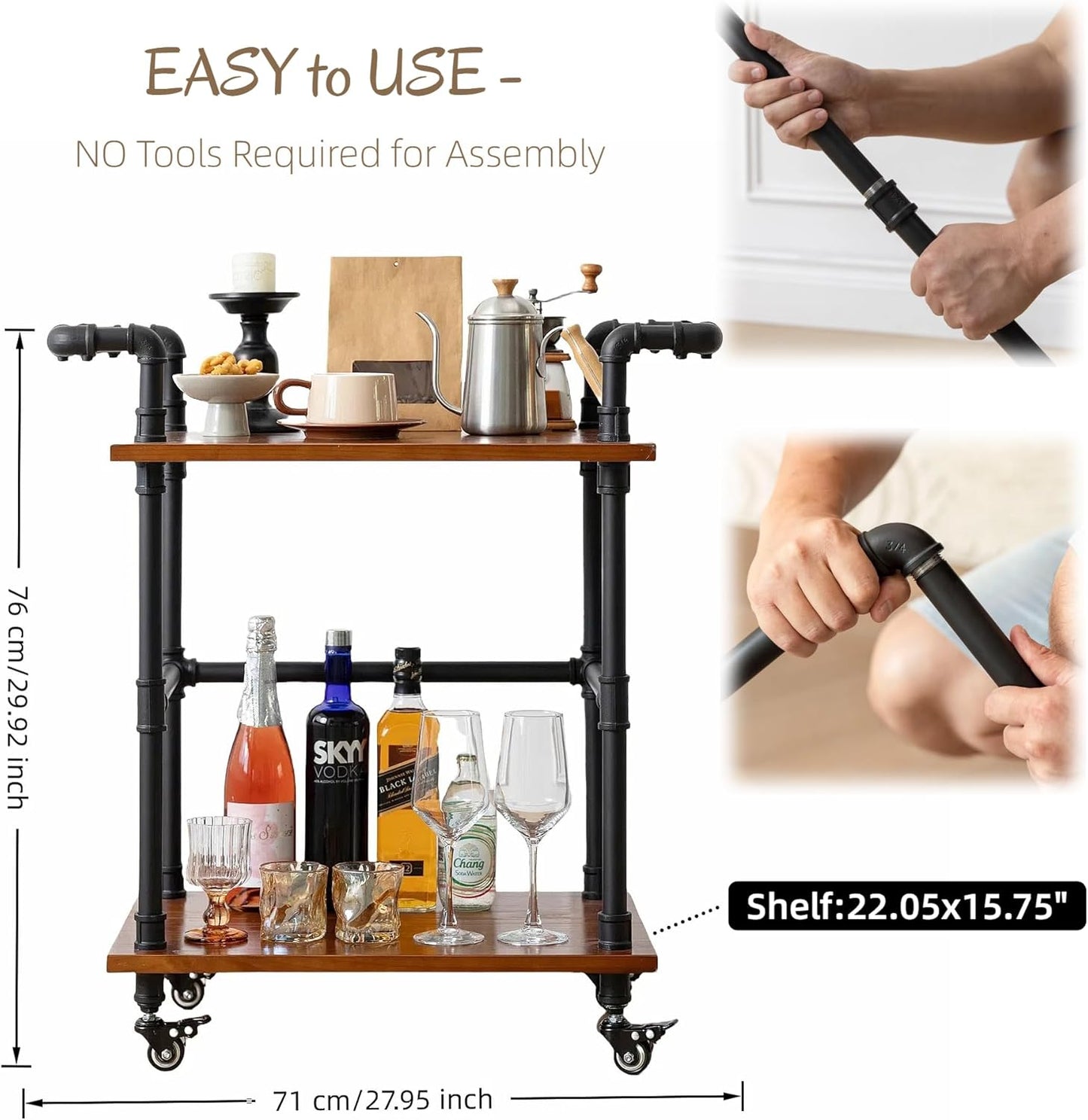 Industrial Pipe Bar Carts/Serving Carts/Kitchen Carts/Wine Rack Carts on Wheels with Shelves - Wood Rolling Carts - Wine Tea Liquor Shelves/Holder - Home Furniture (Two tiers pipe wood bar cart)