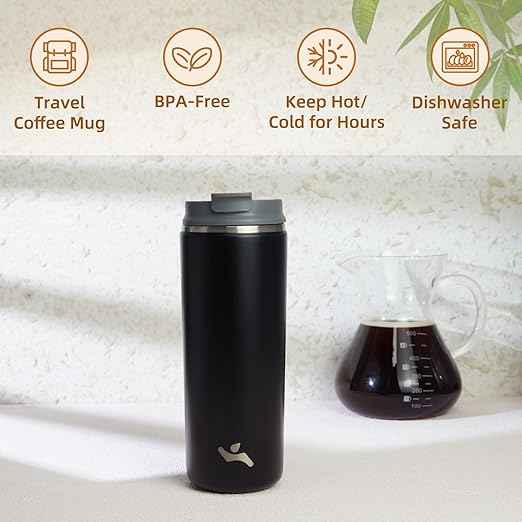 Konokyo Tumbler with Lid, 16 oz Travel Coffee Mug Double Wall Vacuum Stainless Steel Thermal Metal Cup Insulated Water Bottle,Black