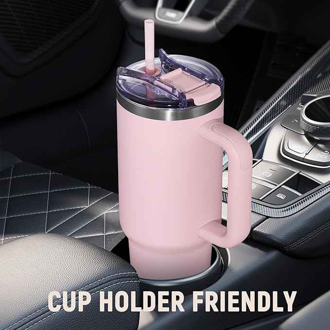 COKTIK 40 oz Tumbler With Handle and Straw, Insulated Tumbler With Leakproof Lids, Stainless Steel|BPA-Free, Cold for 24 H (Blush)