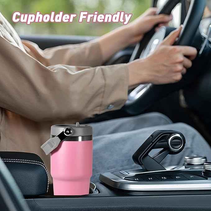 20 oz Tumbler with Handle, Insulated Tumbler with Lid and Flip Straw Leak Proof Double Wall Stainless Steel Vacuum Travel Coffee Mug Insulated Water Bottle Thermal Cup, Cupholder Friendly, Pink