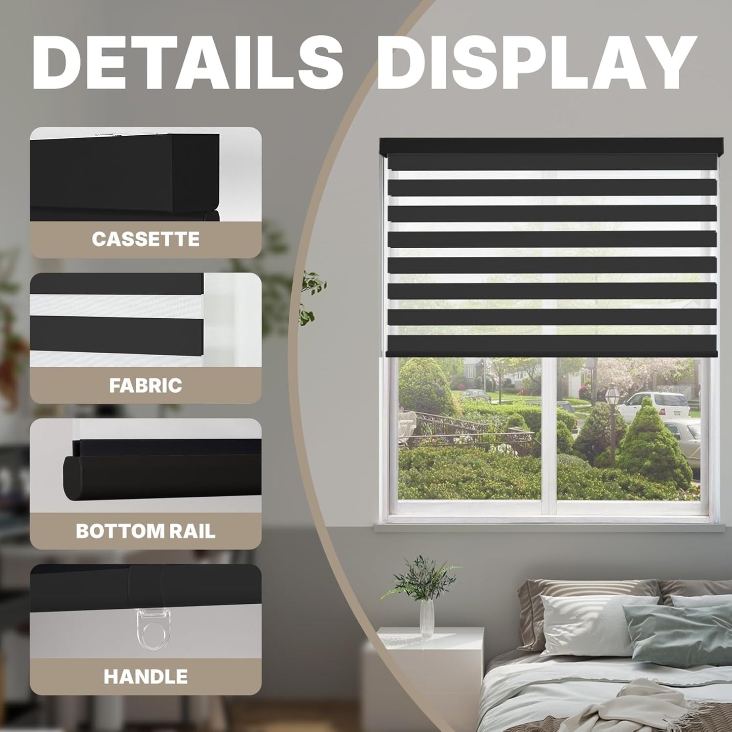 HESTIA Cordless Zebra Blinds Light Filtering Roller Shades UV Blocking Blackout Privacy Indoor Window Shades for Home Office Day and Night, Black,26" W x 48" H