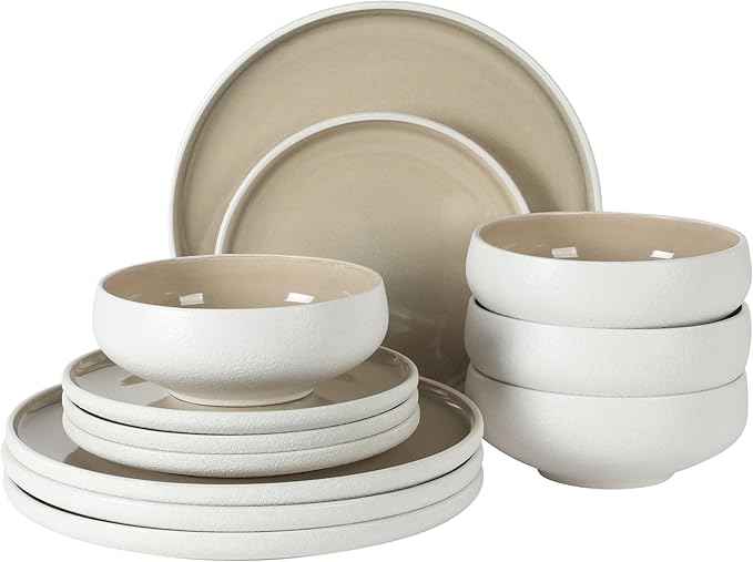 Gibson Elite Pacifco Beach Plates and Bowls Sets, 12-Piece Stoneware Dinnerware Sets, Reactive Glaze Dish Set - Taupe